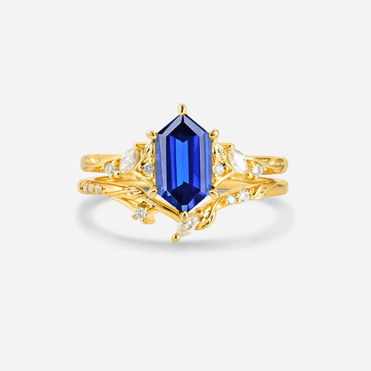 Elongated Hexagon Sapphire Leaf Vine Bridal Ring Set - Yellow-Gold