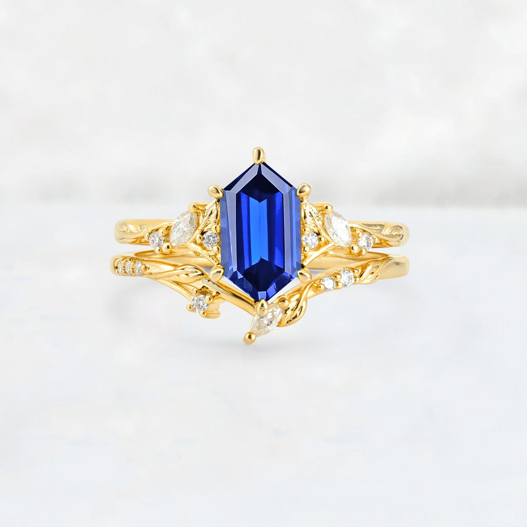 Elongated Hexagon Sapphire Leaf Vine Bridal Ring Set - Yellow-Gold