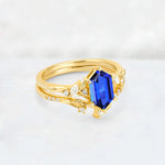 Elongated Hexagon Sapphire Leaf Vine Bridal Ring Set - Rose-Gold