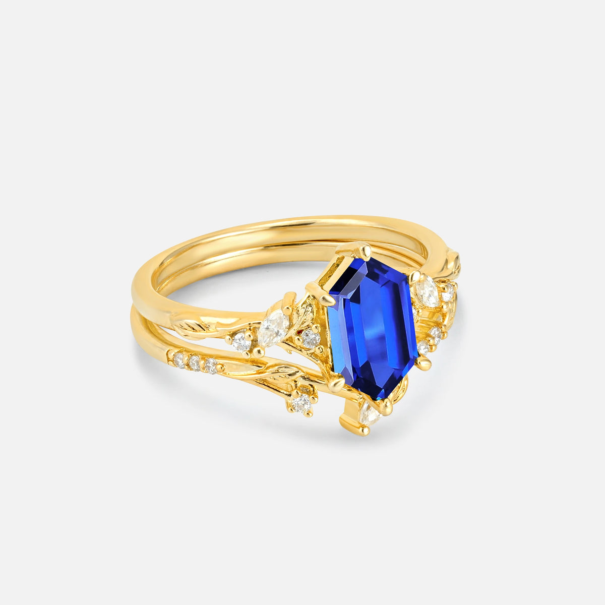 Elongated Hexagon Sapphire Leaf Vine Bridal Ring Set - Rose-Gold
