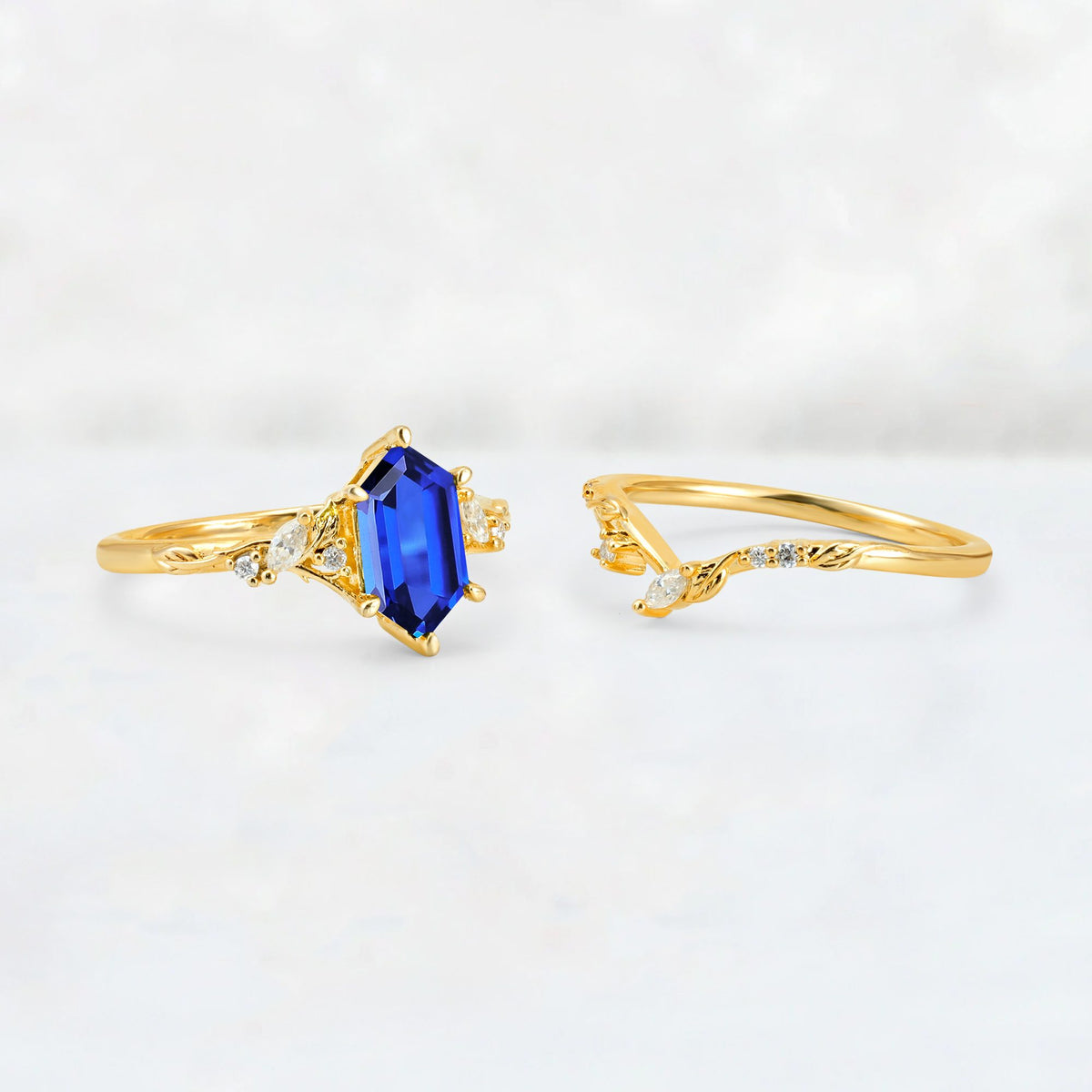 Elongated Hexagon Sapphire Leaf Vine Bridal Ring Set - White-Gold