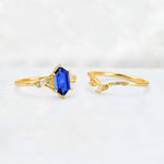 Elongated Hexagon Sapphire Leaf Vine Bridal Ring Set - White-Gold