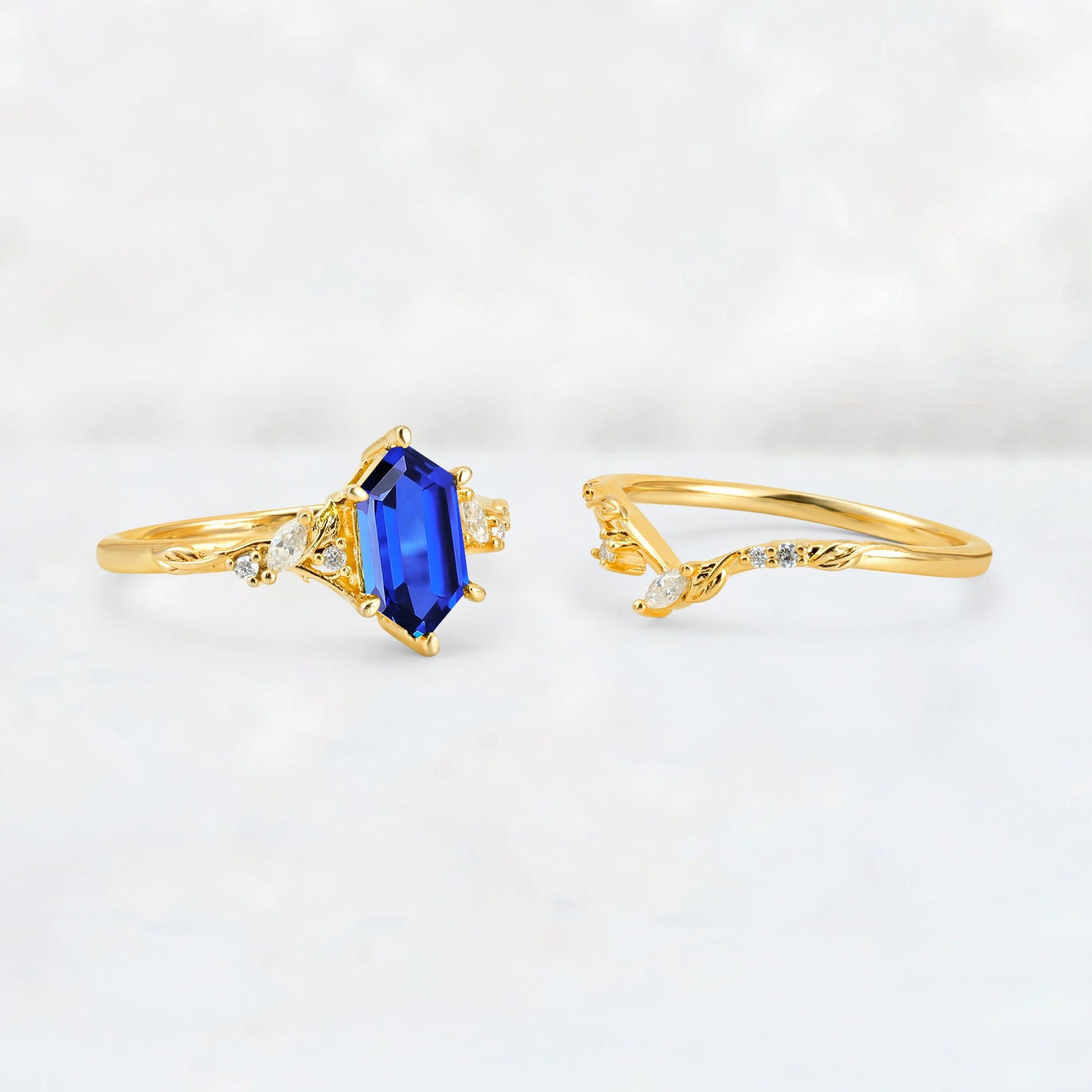 Elongated Hexagon Sapphire Leaf Vine Bridal Ring Set - White-Gold