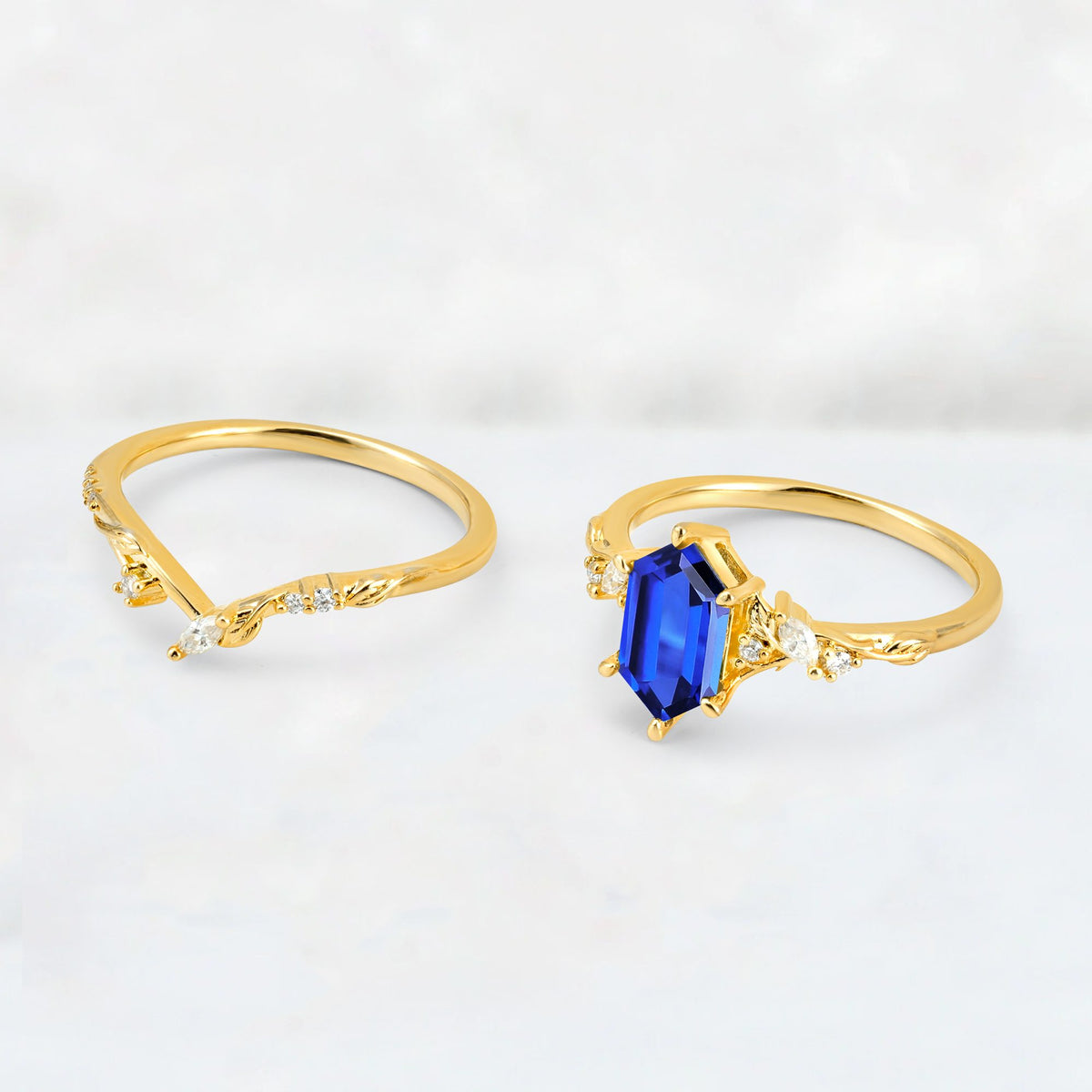 Elongated Hexagon Sapphire Leaf Vine Bridal Ring Set - Additional view