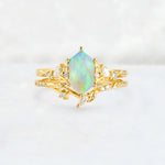 Elongated Hexagon Fire Opal Leaf Vine Bridal Ring Set - Yellow-Gold