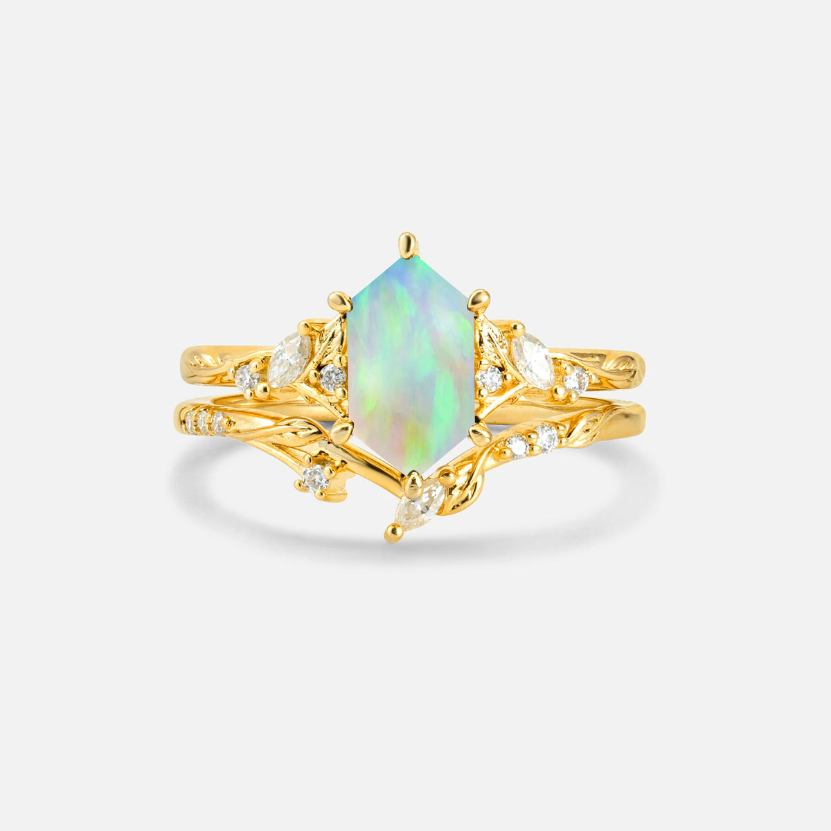 Elongated Hexagon Fire Opal Leaf Vine Bridal Ring Set - Yellow-Gold
