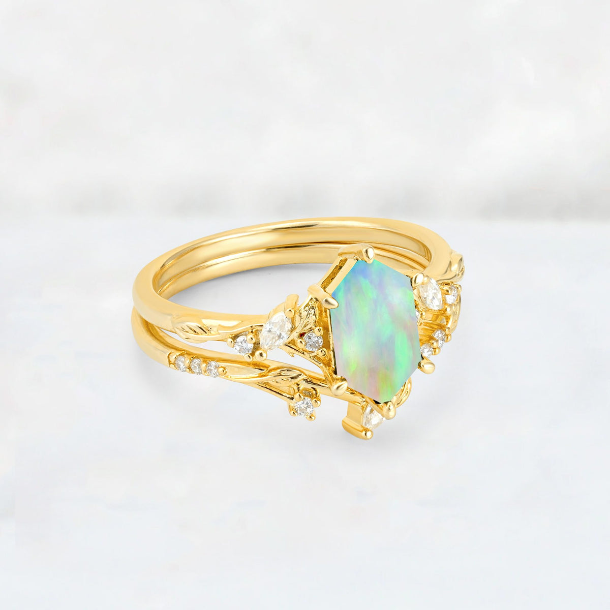 Elongated Hexagon Fire Opal Leaf Vine Bridal Ring Set - Rose-Gold