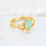 Elongated Hexagon Fire Opal Leaf Vine Bridal Ring Set - Rose-Gold