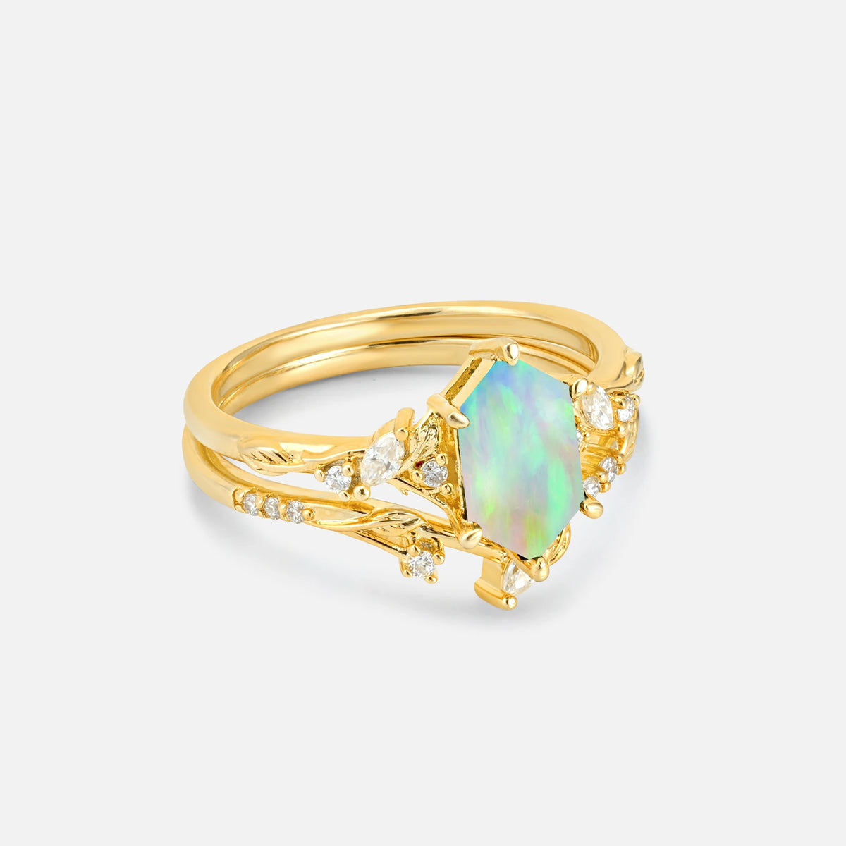 Elongated Hexagon Fire Opal Leaf Vine Bridal Ring Set - Rose-Gold