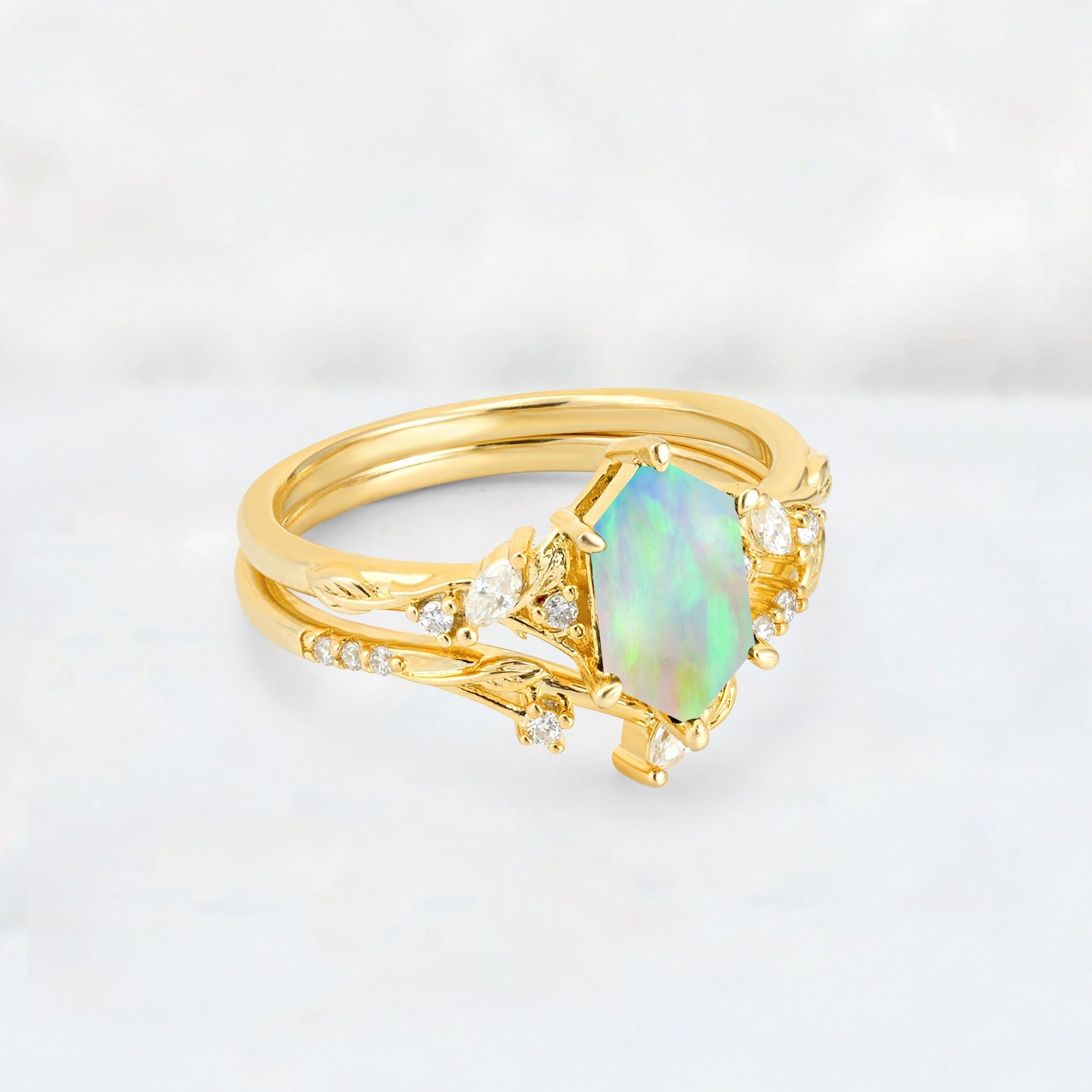 Elongated Hexagon Fire Opal Leaf Vine Bridal Ring Set - Rose-Gold
