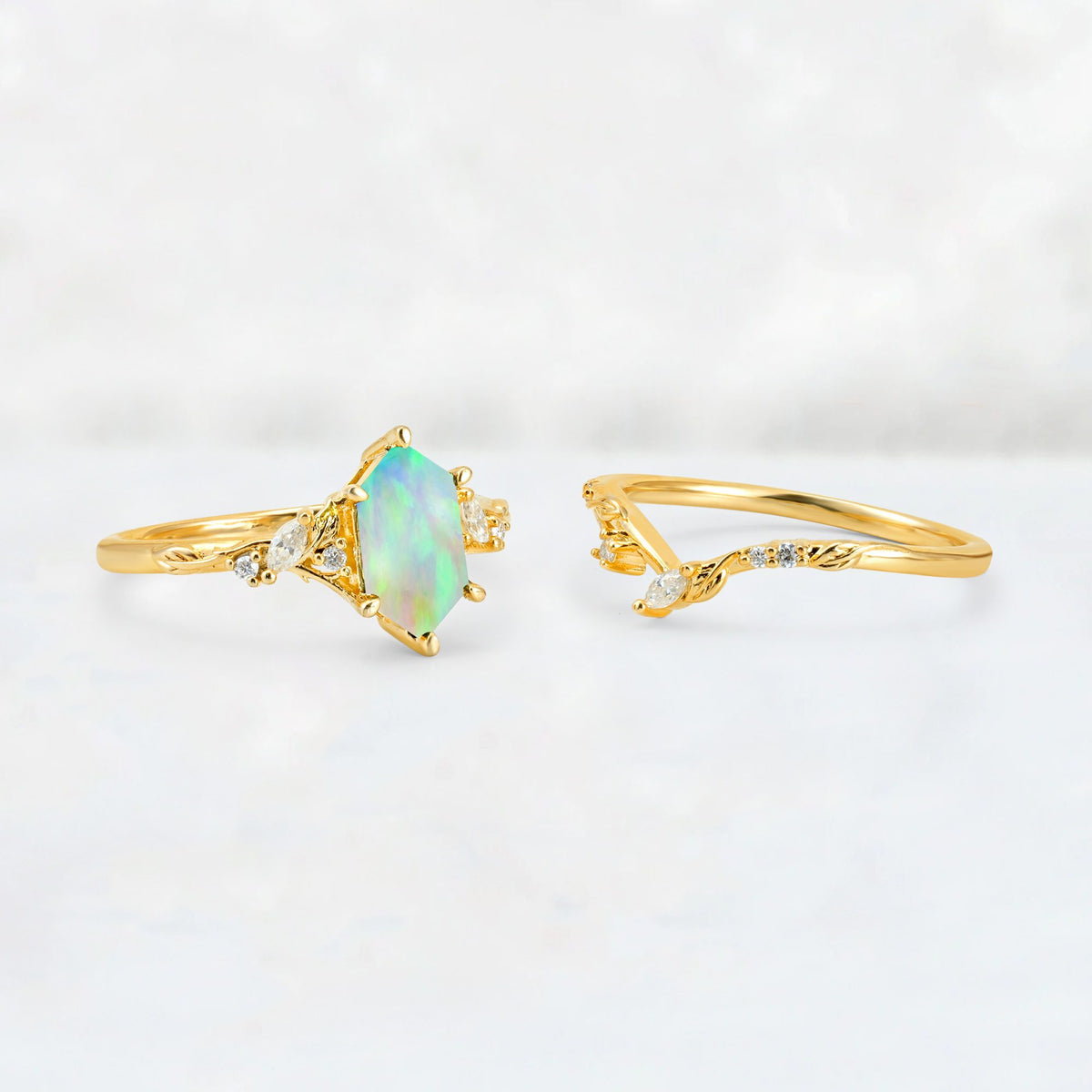 Elongated Hexagon Fire Opal Leaf Vine Bridal Ring Set - White-Gold