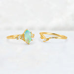 Elongated Hexagon Fire Opal Leaf Vine Bridal Ring Set - White-Gold