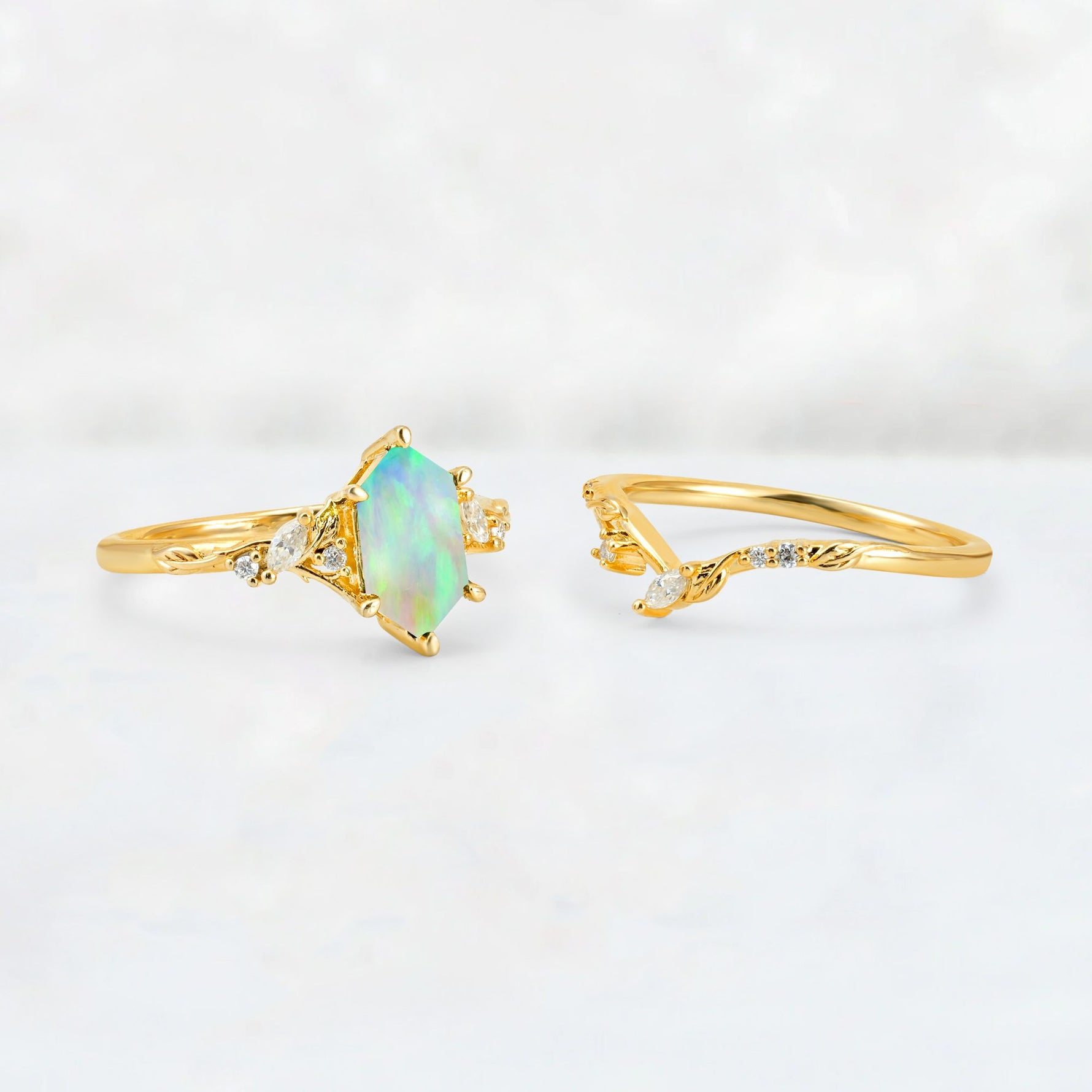 Elongated Hexagon Fire Opal Leaf Vine Bridal Ring Set - White-Gold