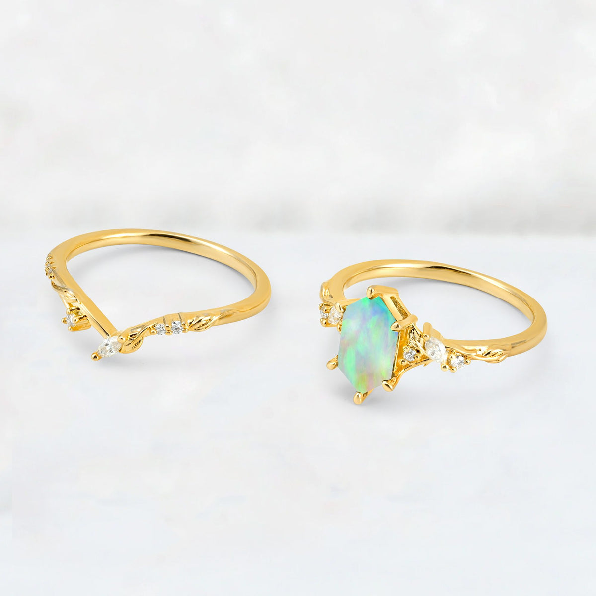 Elongated Hexagon Fire Opal Leaf Vine Bridal Ring Set - Additional view