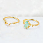 Elongated Hexagon Fire Opal Leaf Vine Bridal Ring Set - Additional view