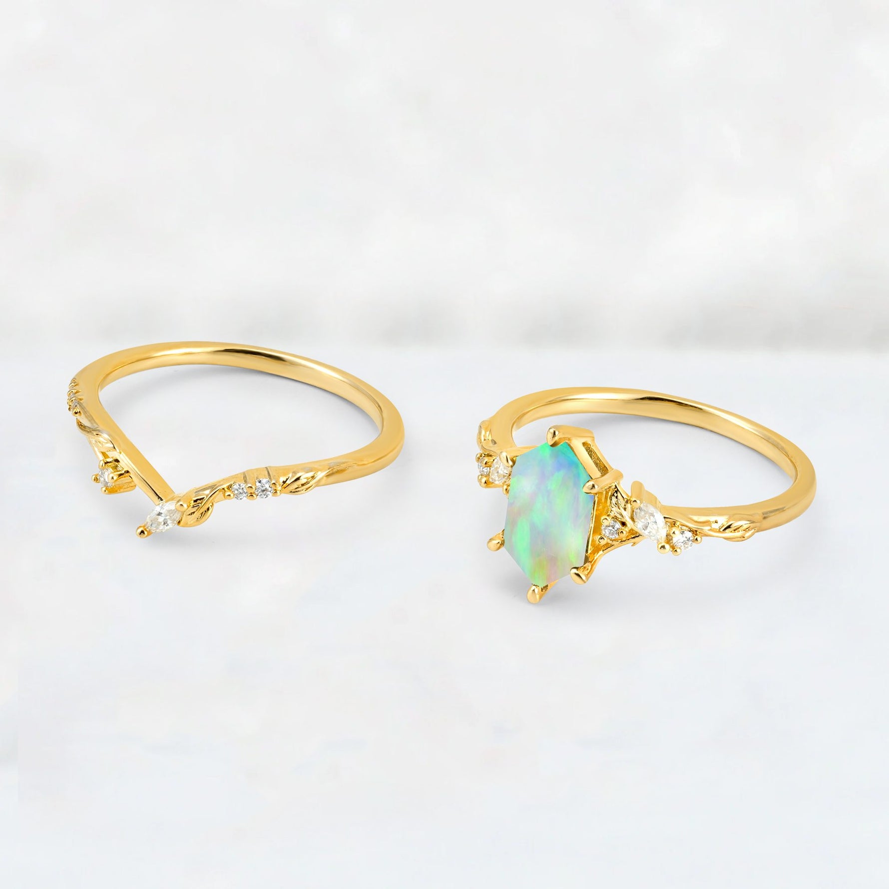 Elongated Hexagon Fire Opal Leaf Vine Bridal Ring Set - Additional view