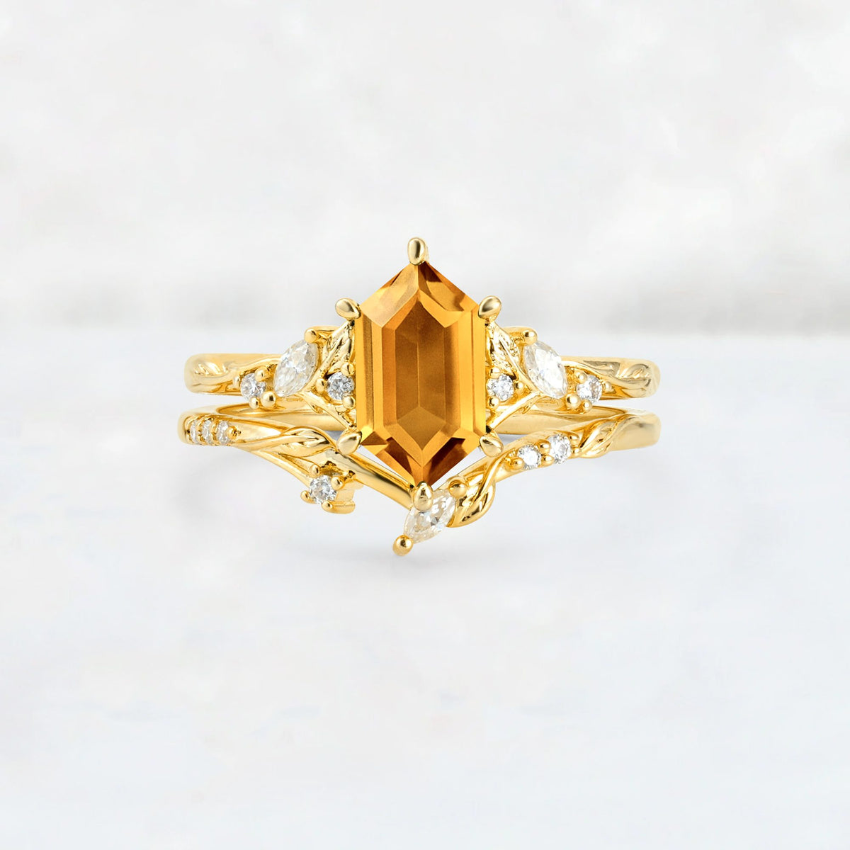 Elongated Hexagon Citrine Leaf Vine Bridal Ring Set - Yellow-Gold