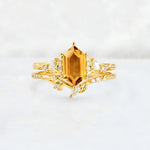 Elongated Hexagon Citrine Leaf Vine Bridal Ring Set - Yellow-Gold