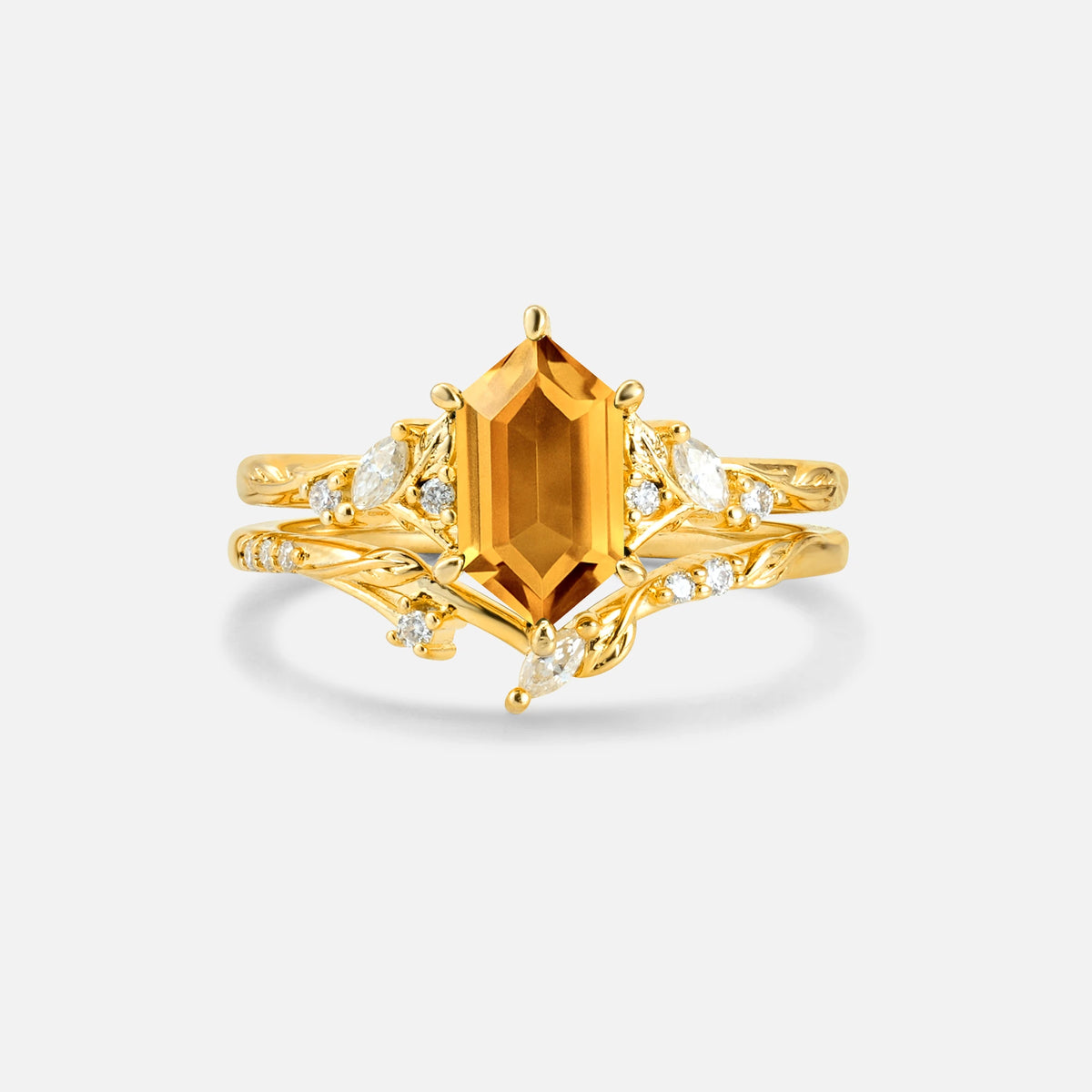 Elongated Hexagon Citrine Leaf Vine Bridal Ring Set - Yellow-Gold