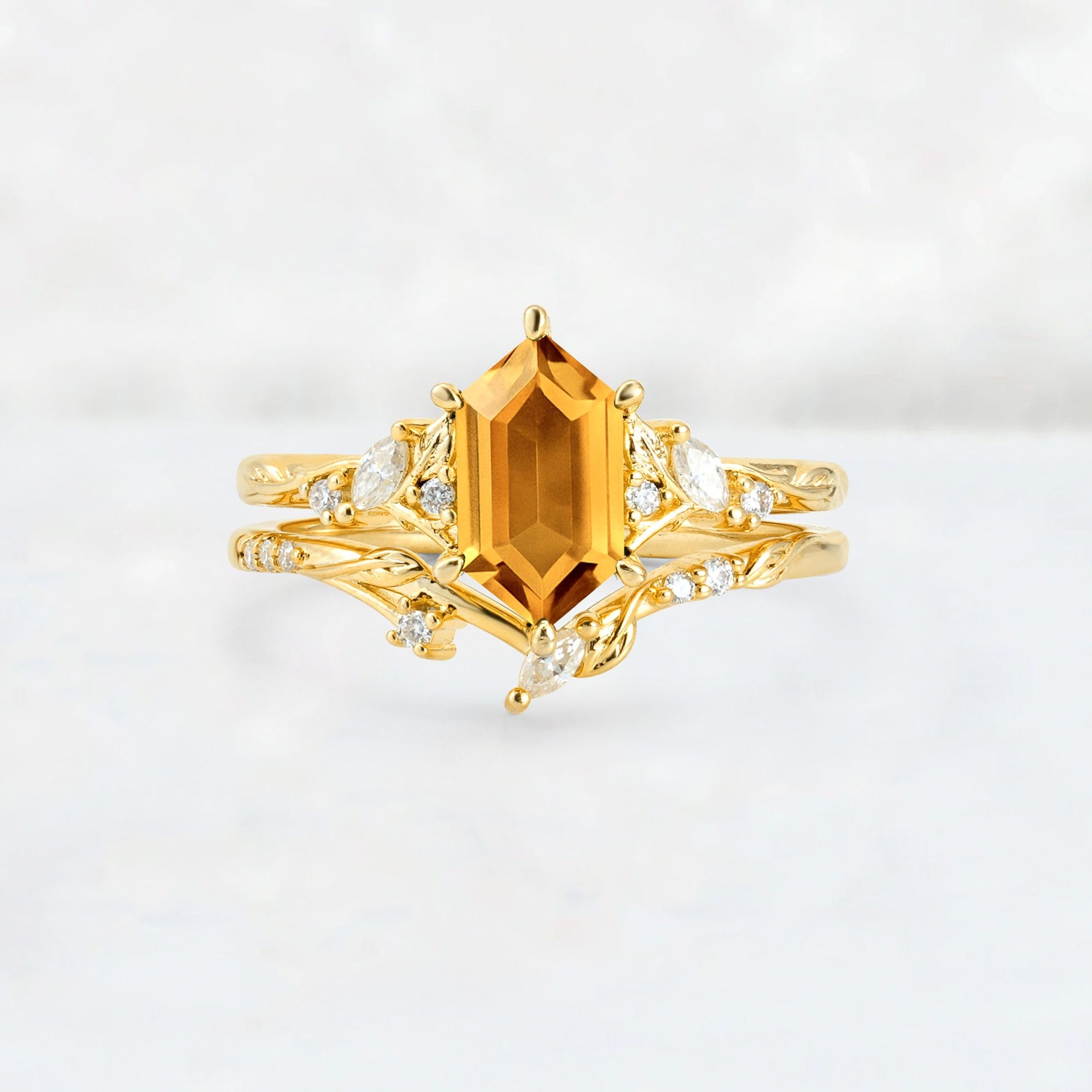 Elongated Hexagon Citrine Leaf Vine Bridal Ring Set - Yellow-Gold