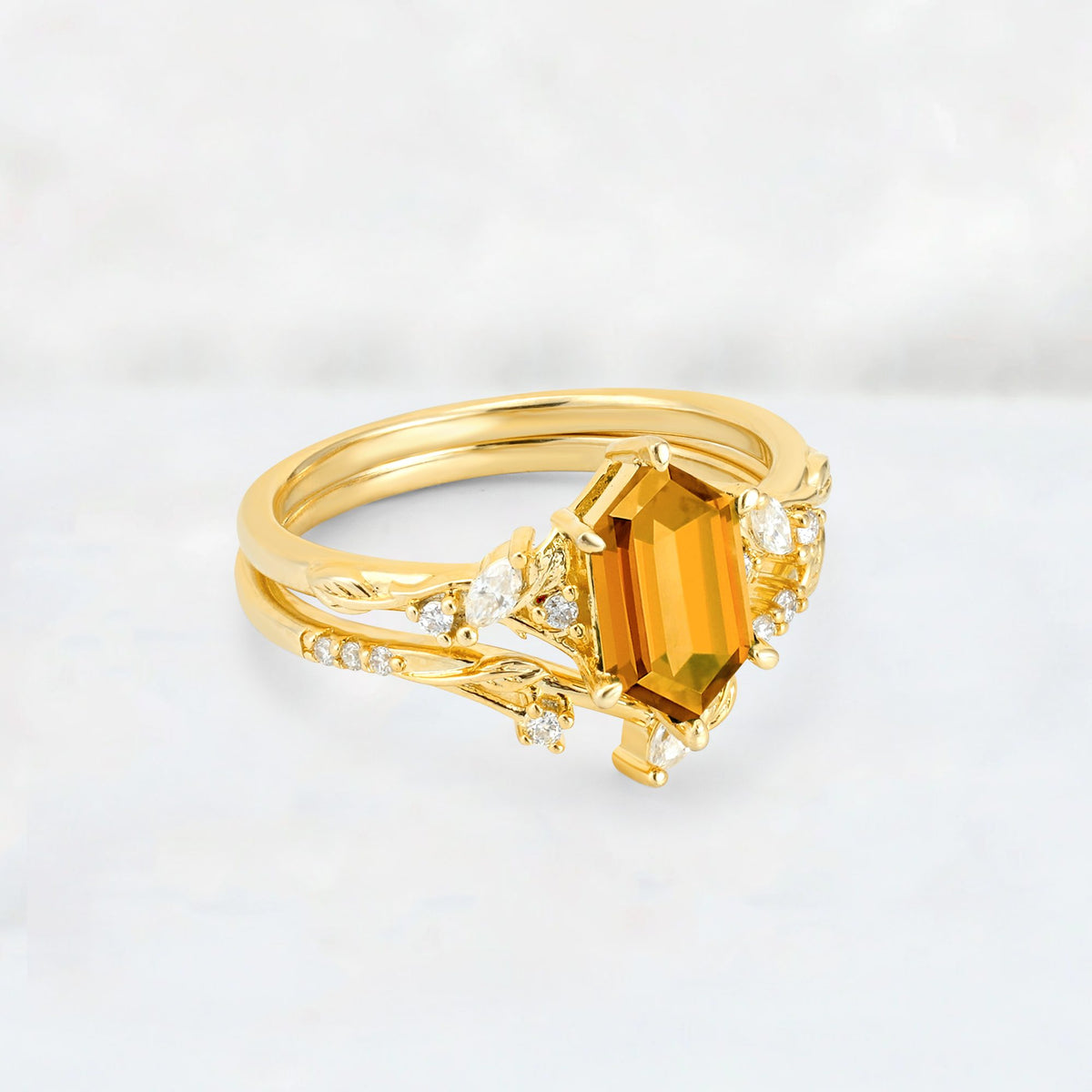 Elongated Hexagon Citrine Leaf Vine Bridal Ring Set - Rose-Gold