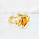 Elongated Hexagon Citrine Leaf Vine Bridal Ring Set - Rose-Gold