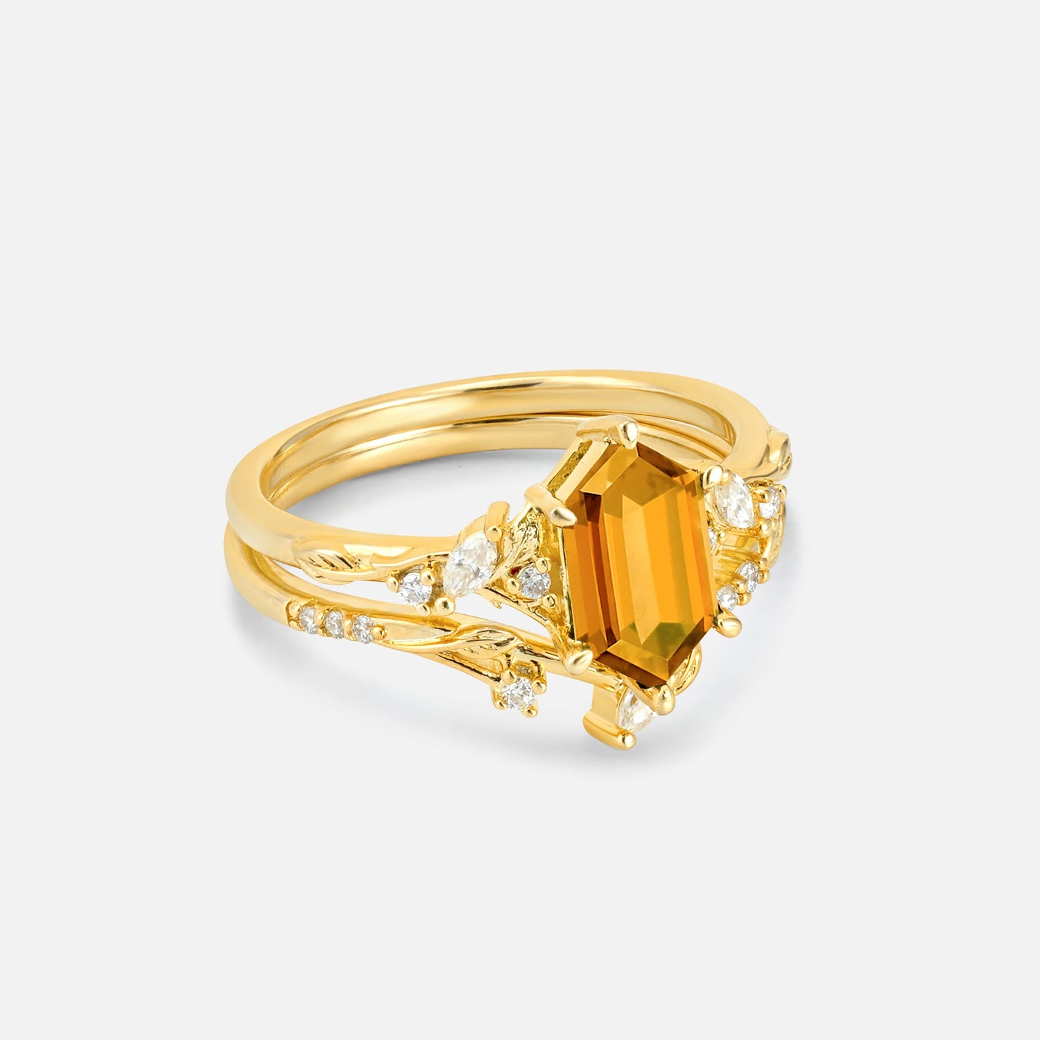 Elongated Hexagon Citrine Leaf Vine Bridal Ring Set - Rose-Gold