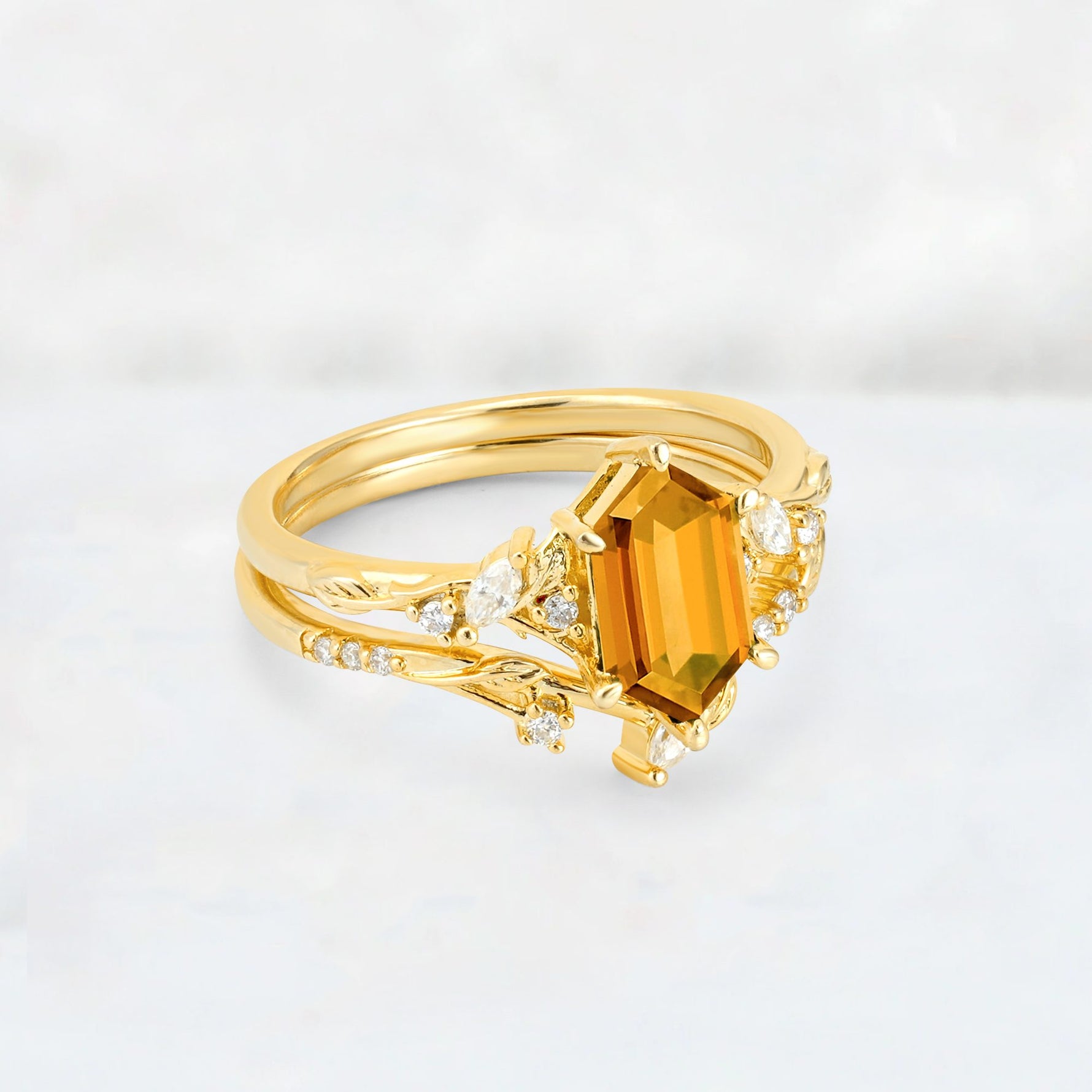 Elongated Hexagon Citrine Leaf Vine Bridal Ring Set - Rose-Gold