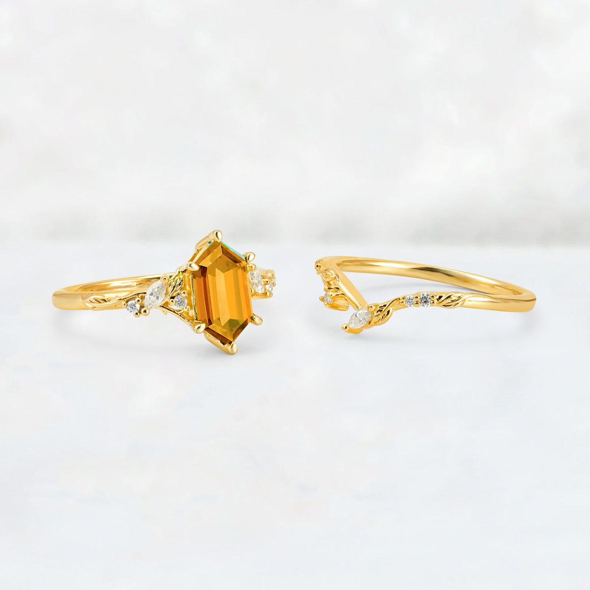 Elongated Hexagon Citrine Leaf Vine Bridal Ring Set - White-Gold