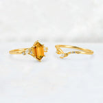 Elongated Hexagon Citrine Leaf Vine Bridal Ring Set - White-Gold