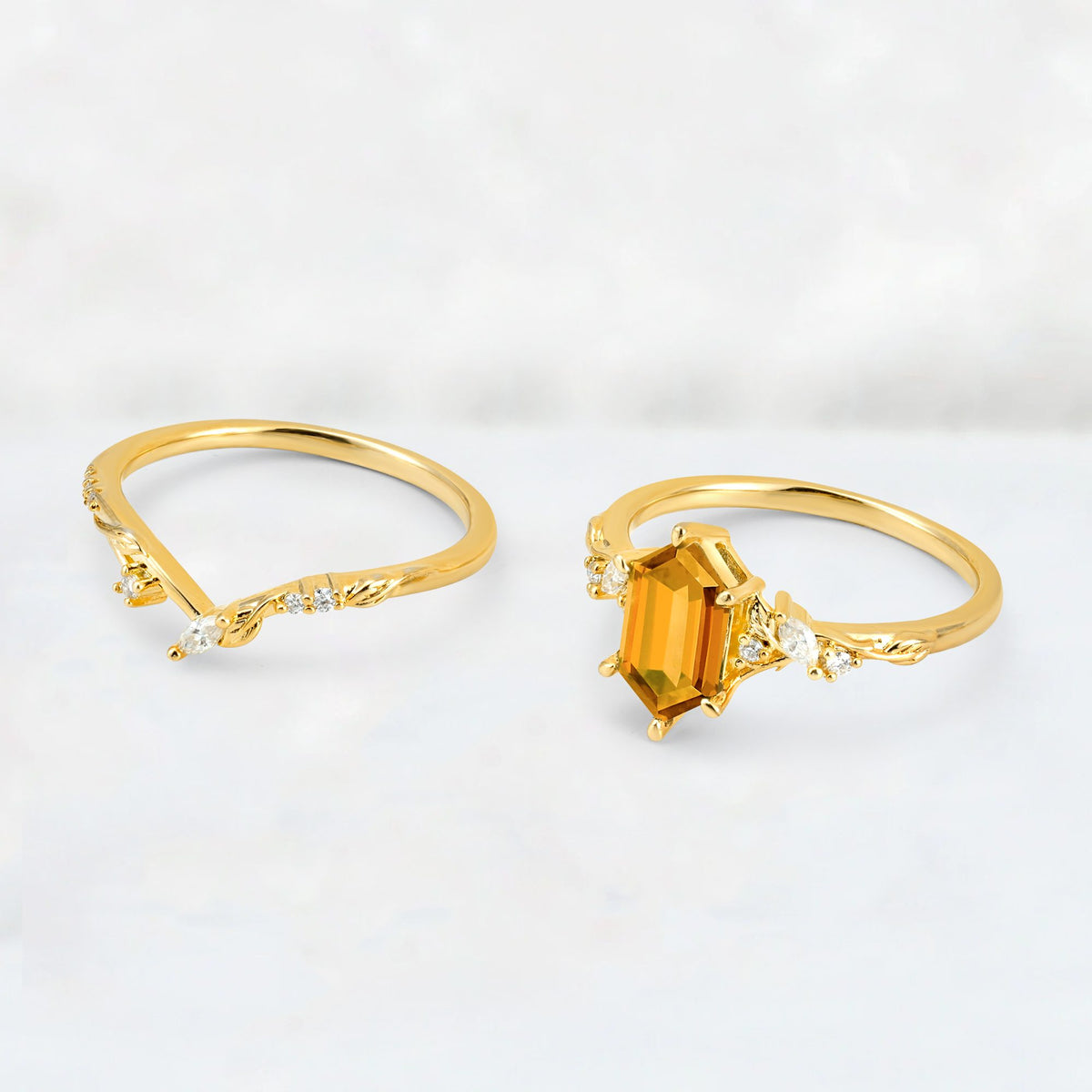 Elongated Hexagon Citrine Leaf Vine Bridal Ring Set - Additional view