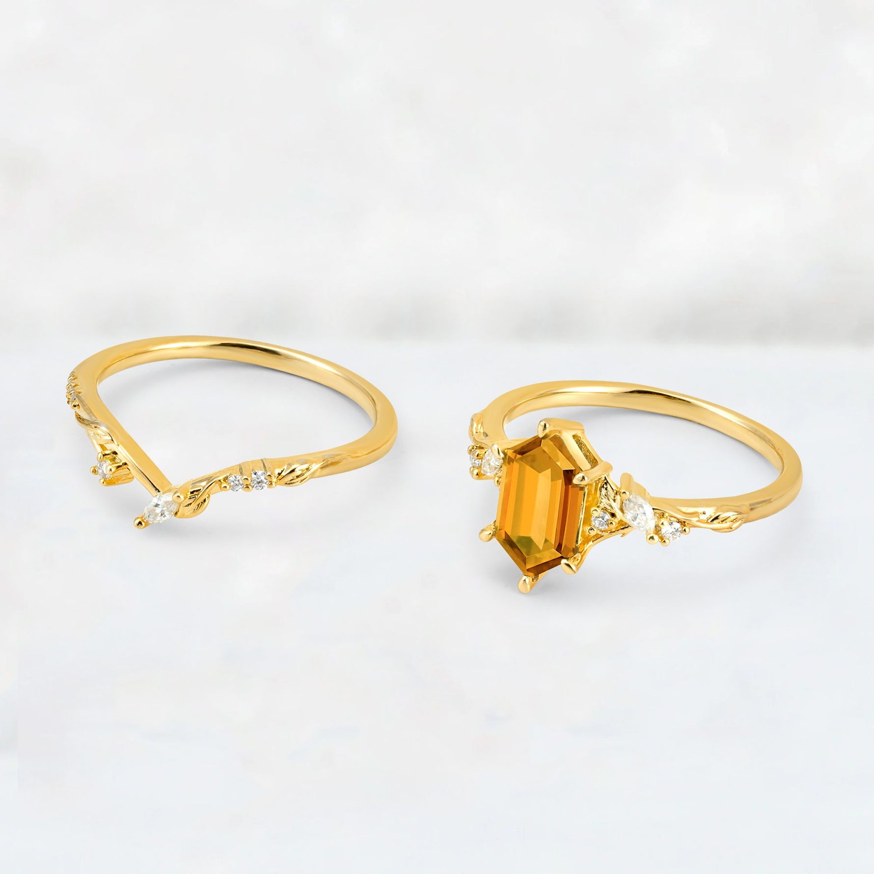 Elongated Hexagon Citrine Leaf Vine Bridal Ring Set - Additional view