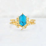 Elongated Hexagon Turquoise Leaf Vine Bridal Ring Set - Yellow-Gold
