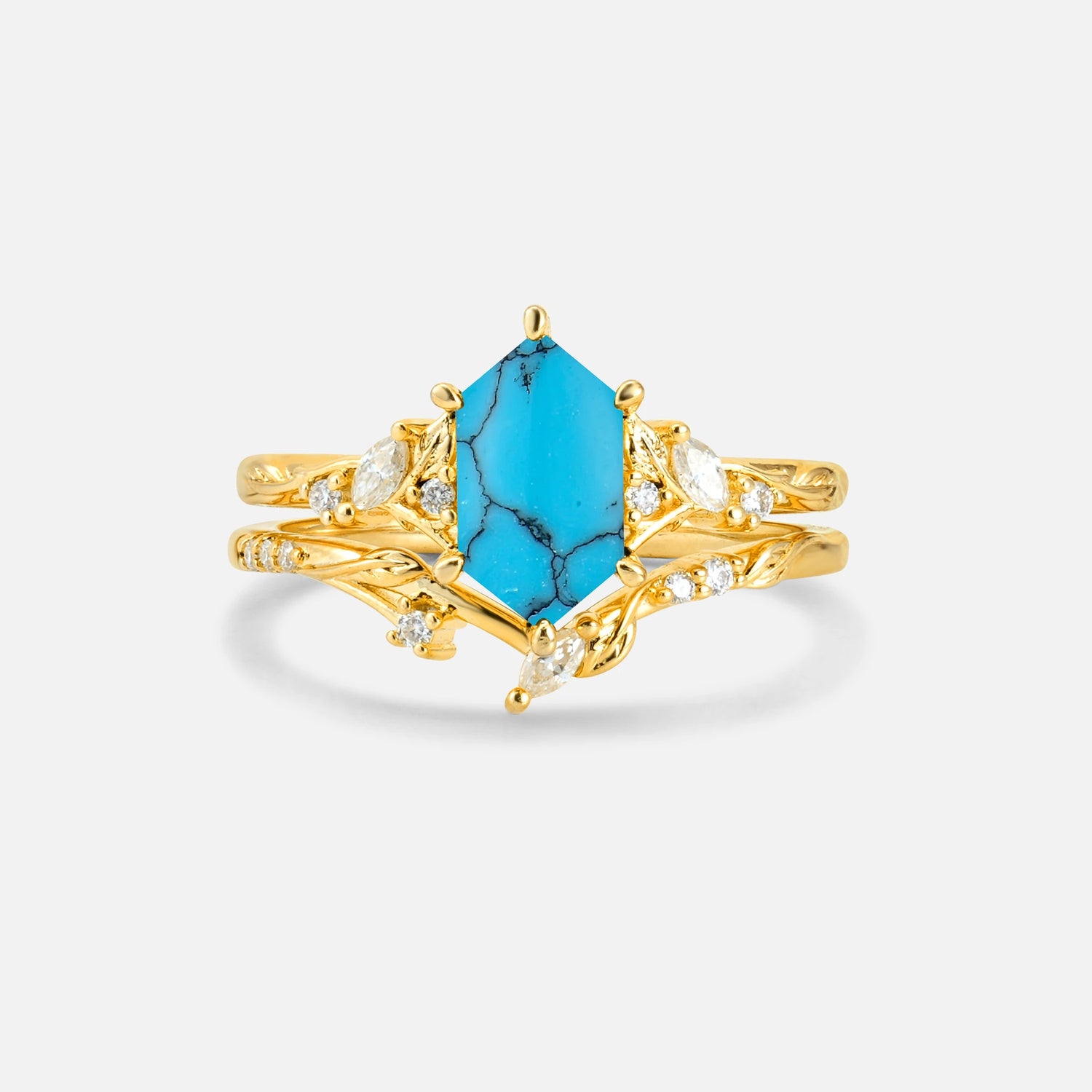 Elongated Hexagon Turquoise Leaf Vine Bridal Ring Set - Yellow-Gold