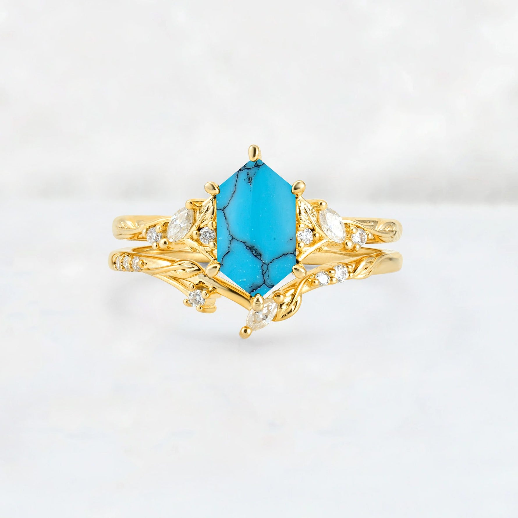 Elongated Hexagon Turquoise Leaf Vine Bridal Ring Set - Yellow-Gold