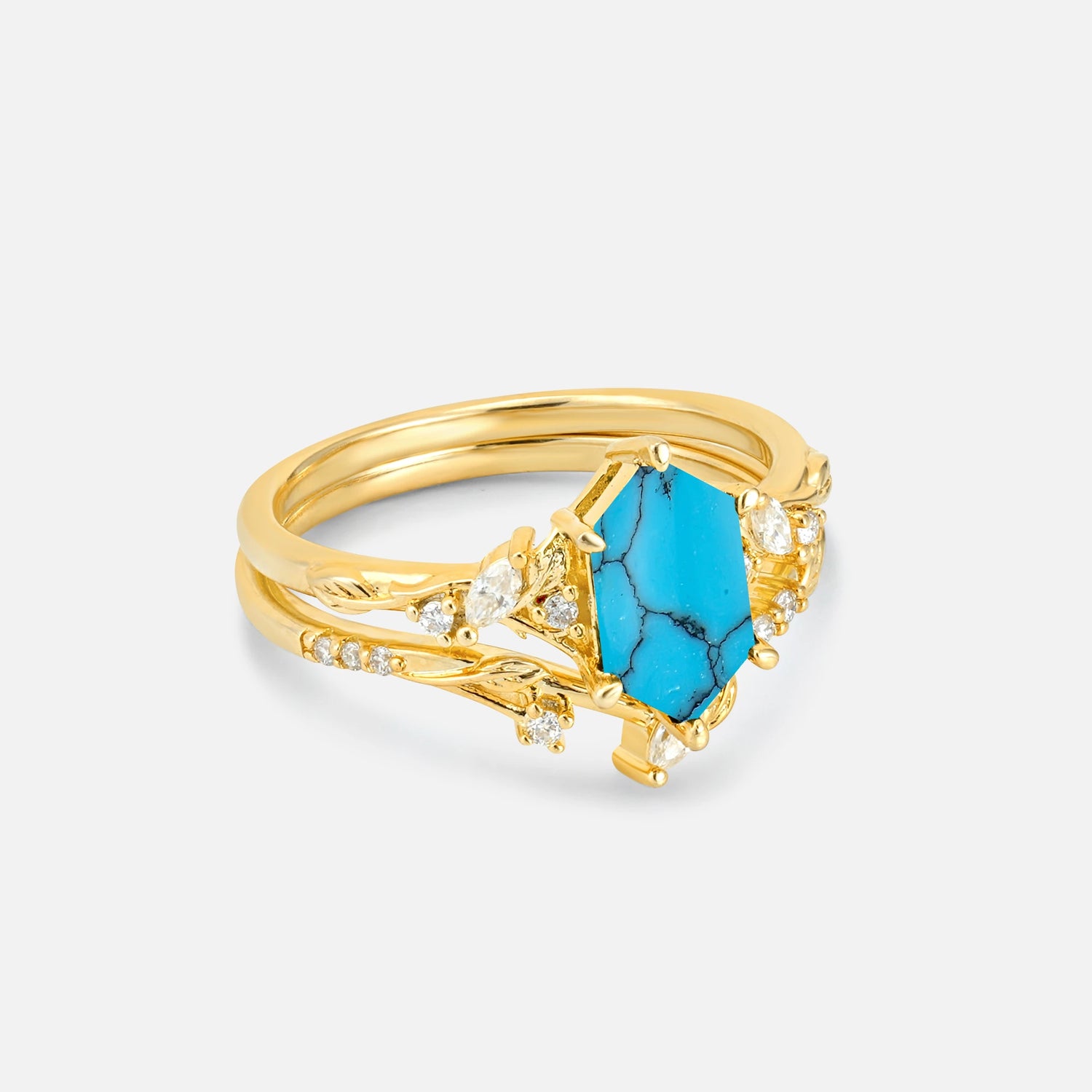 Elongated Hexagon Turquoise Leaf Vine Bridal Ring Set - Rose-Gold