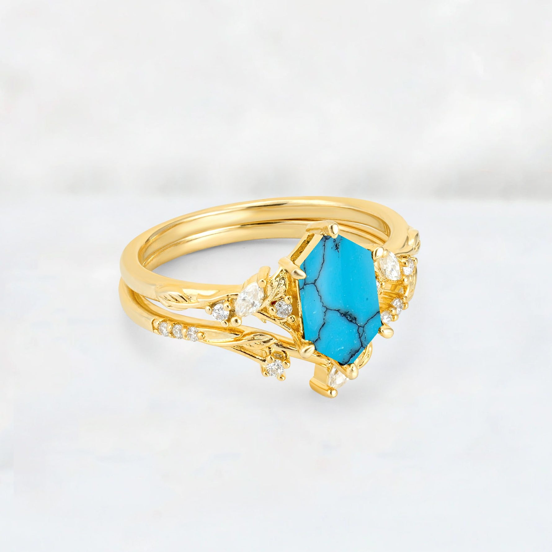 Elongated Hexagon Turquoise Leaf Vine Bridal Ring Set - Rose-Gold