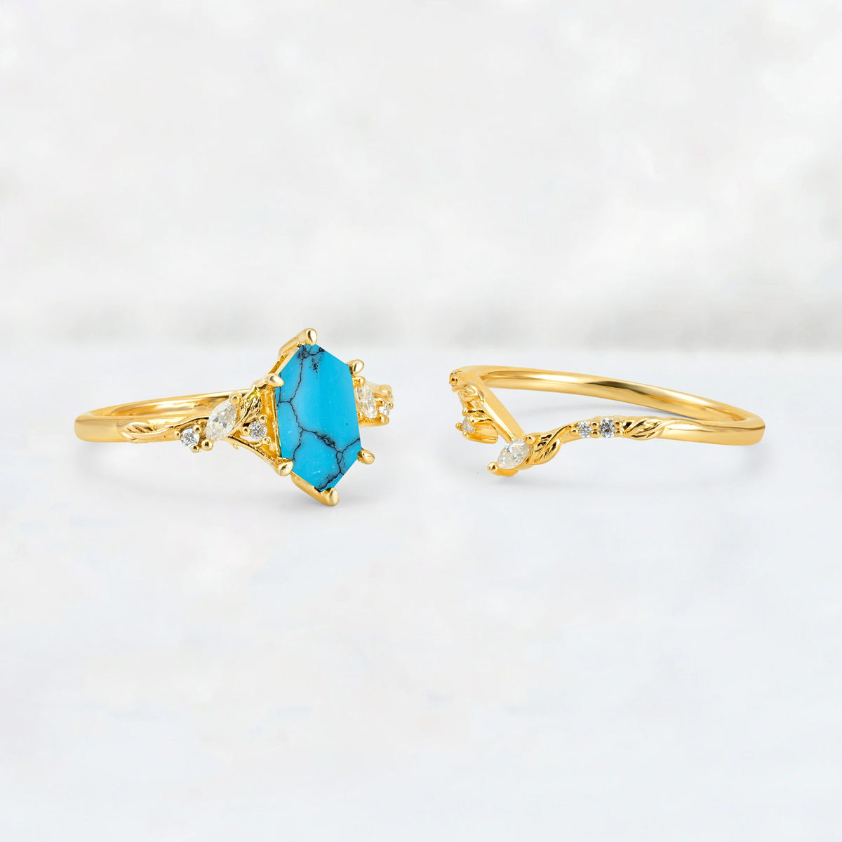 Elongated Hexagon Turquoise Leaf Vine Bridal Ring Set - White-Gold