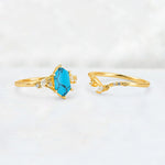 Elongated Hexagon Turquoise Leaf Vine Bridal Ring Set - White-Gold