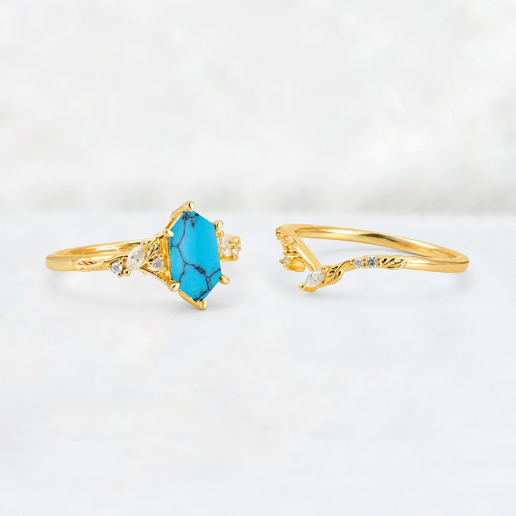 Elongated Hexagon Turquoise Leaf Vine Bridal Ring Set - White-Gold