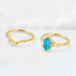 Elongated Hexagon Turquoise Leaf Vine Bridal Ring Set - Additional view