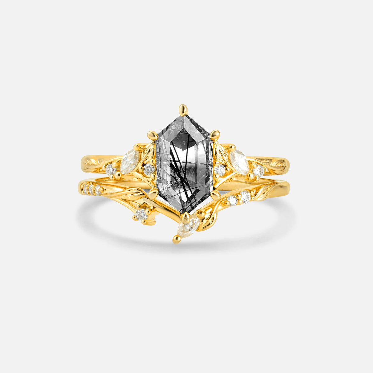 Elongated Hexagon Black Rutilated Quartz Leaf Vine Bridal Ring Set - Yellow-Gold