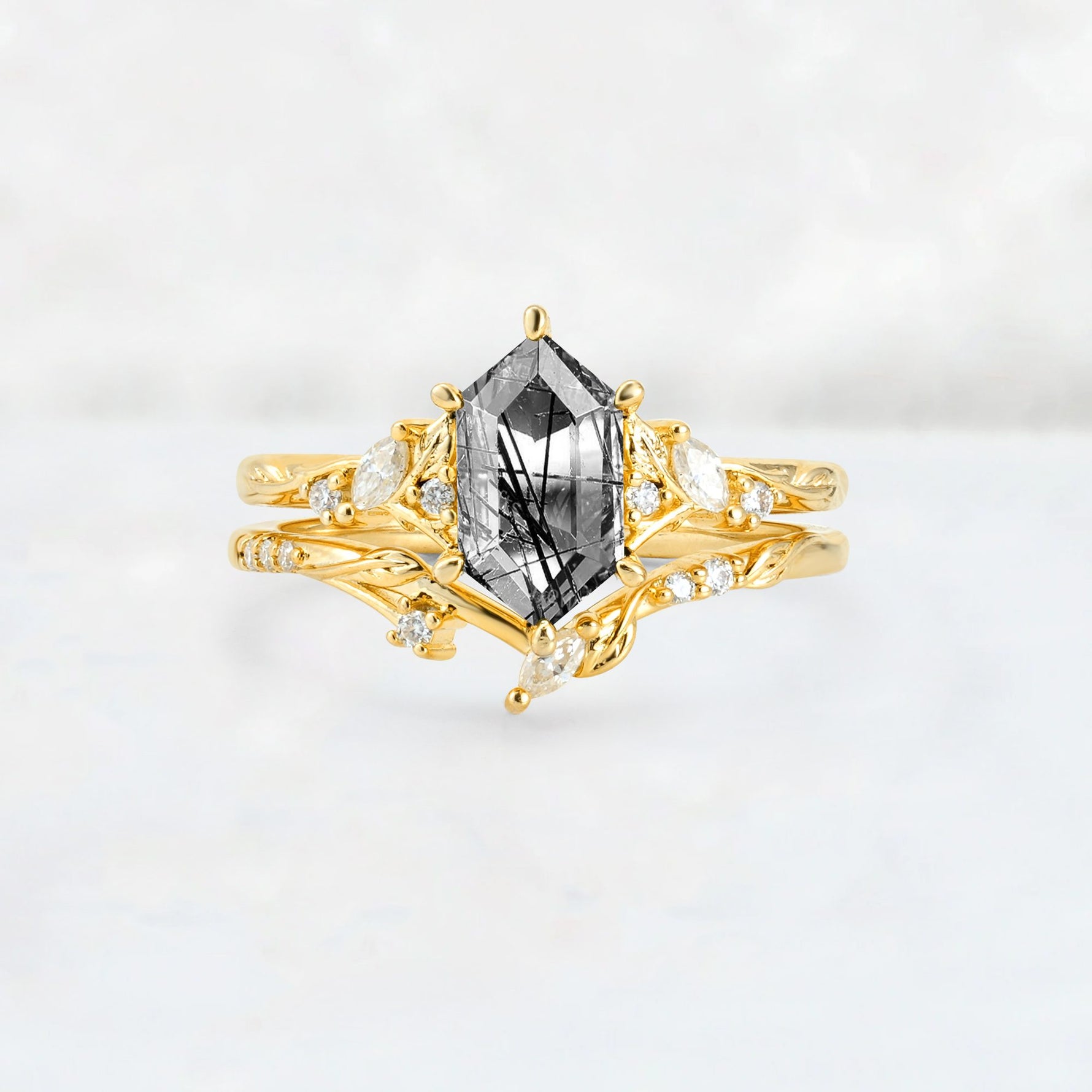 Elongated Hexagon Black Rutilated Quartz Leaf Vine Bridal Ring Set - Yellow-Gold