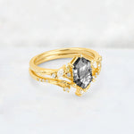 Elongated Hexagon Black Rutilated Quartz Leaf Vine Bridal Ring Set - Rose-Gold