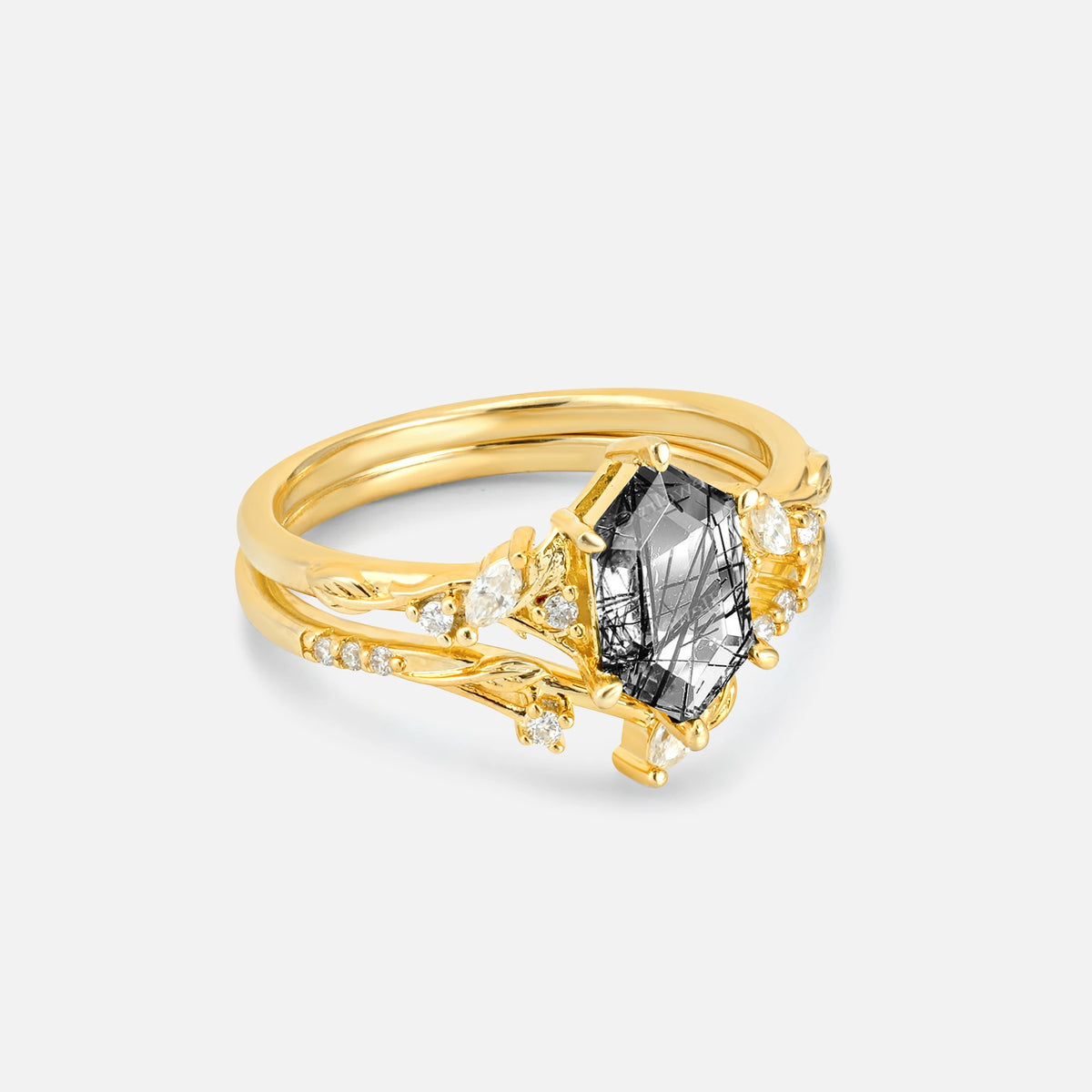 Elongated Hexagon Black Rutilated Quartz Leaf Vine Bridal Ring Set - Rose-Gold