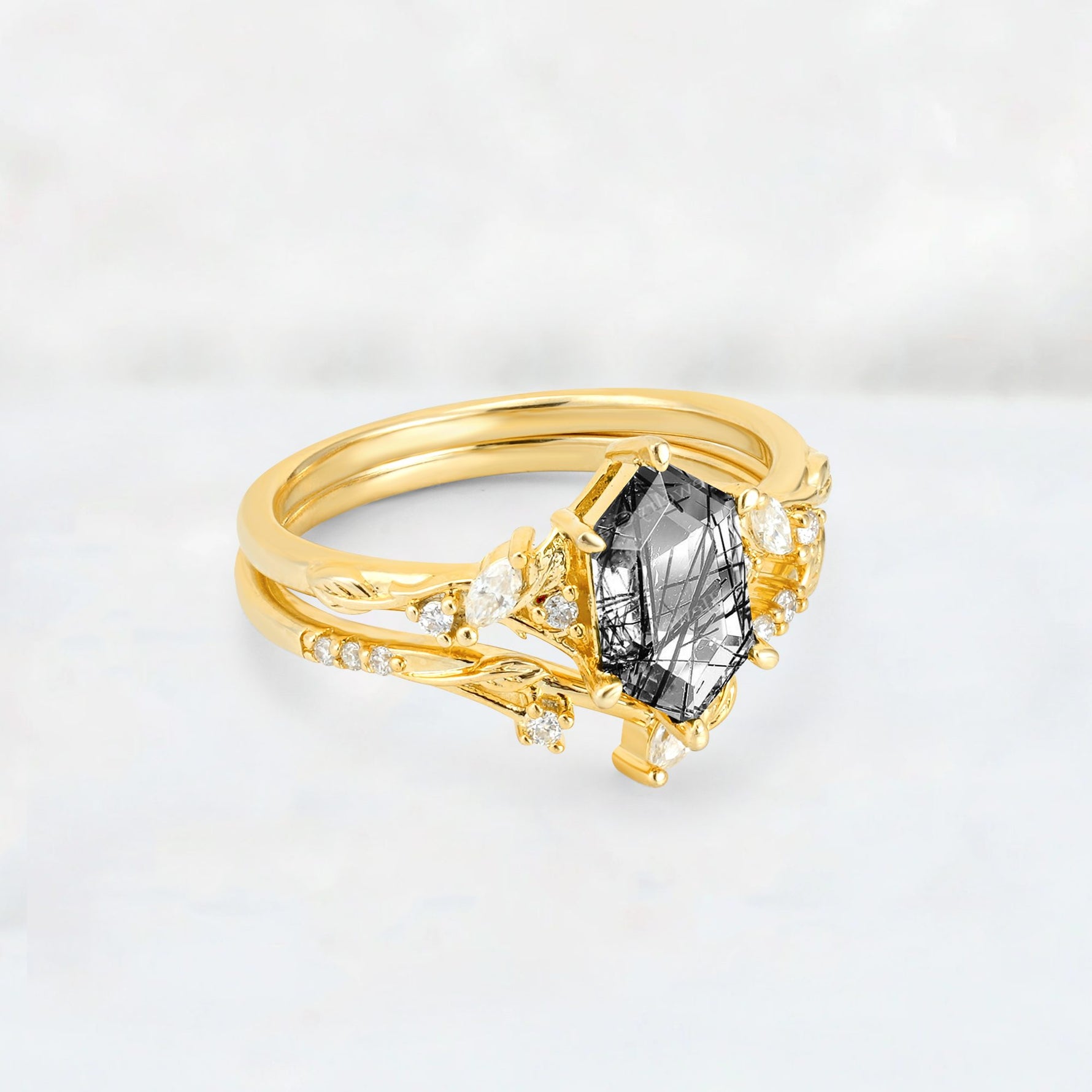 Elongated Hexagon Black Rutilated Quartz Leaf Vine Bridal Ring Set - Rose-Gold