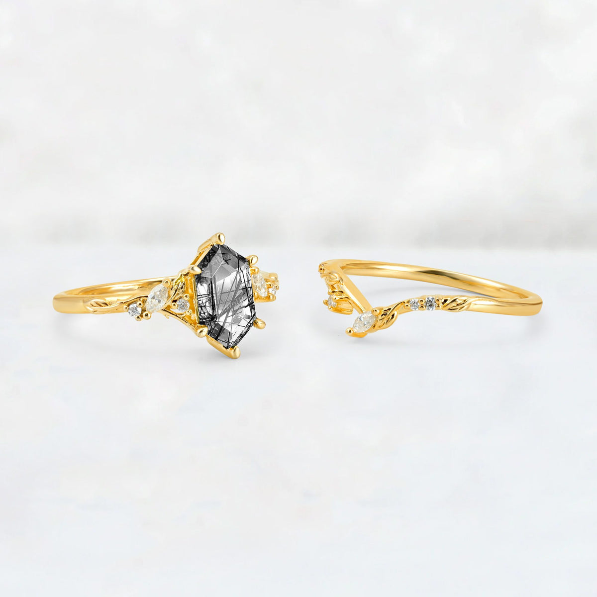 Elongated Hexagon Black Rutilated Quartz Leaf Vine Bridal Ring Set - White-Gold