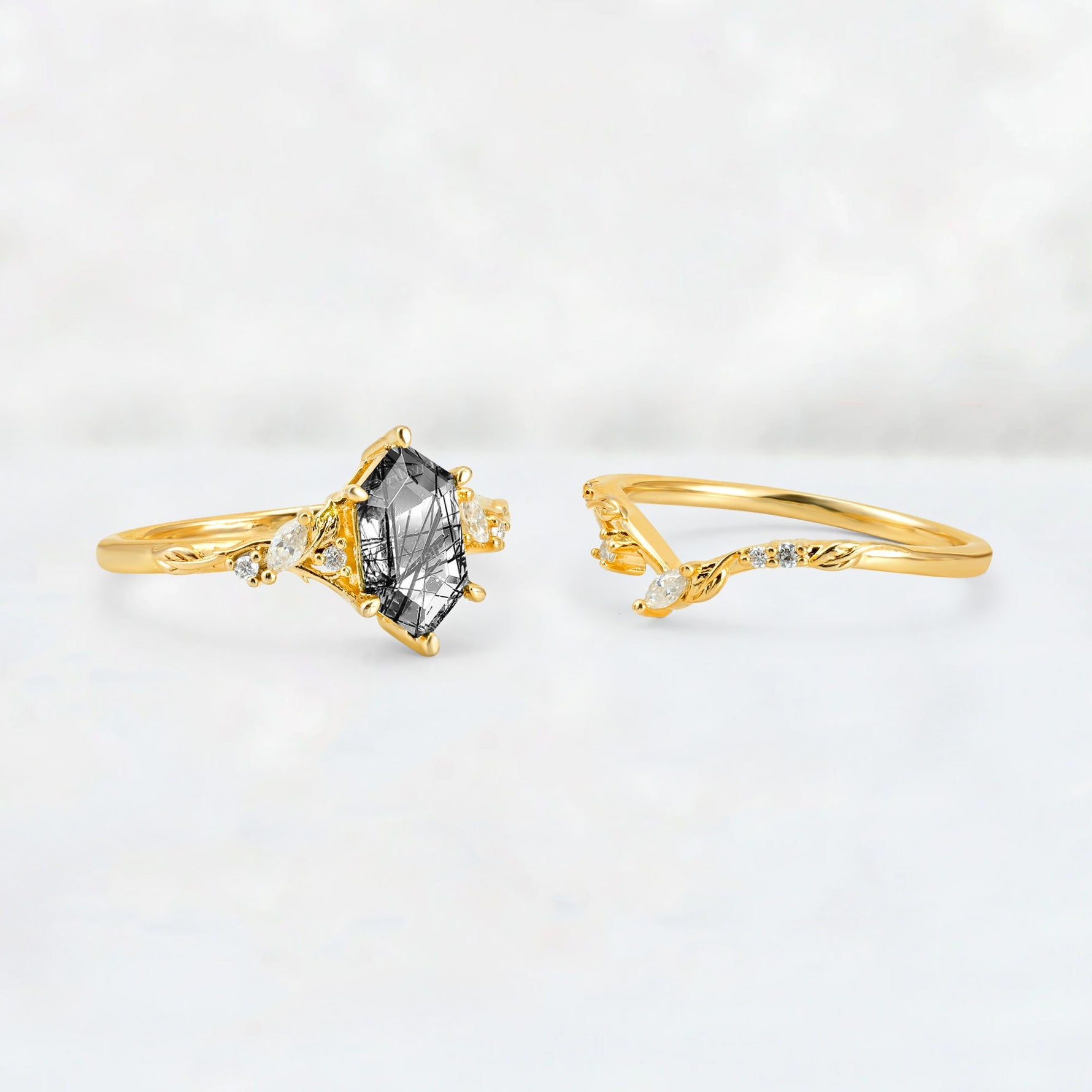 Elongated Hexagon Black Rutilated Quartz Leaf Vine Bridal Ring Set - White-Gold