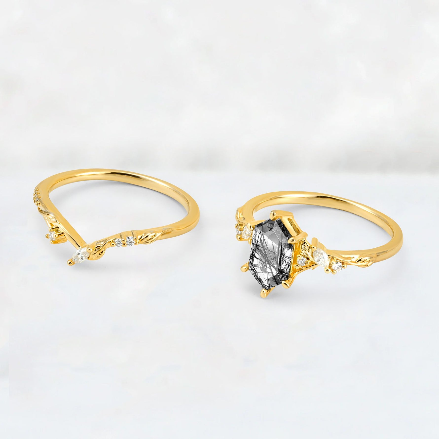 Elongated Hexagon Black Rutilated Quartz Leaf Vine Bridal Ring Set - Additional view