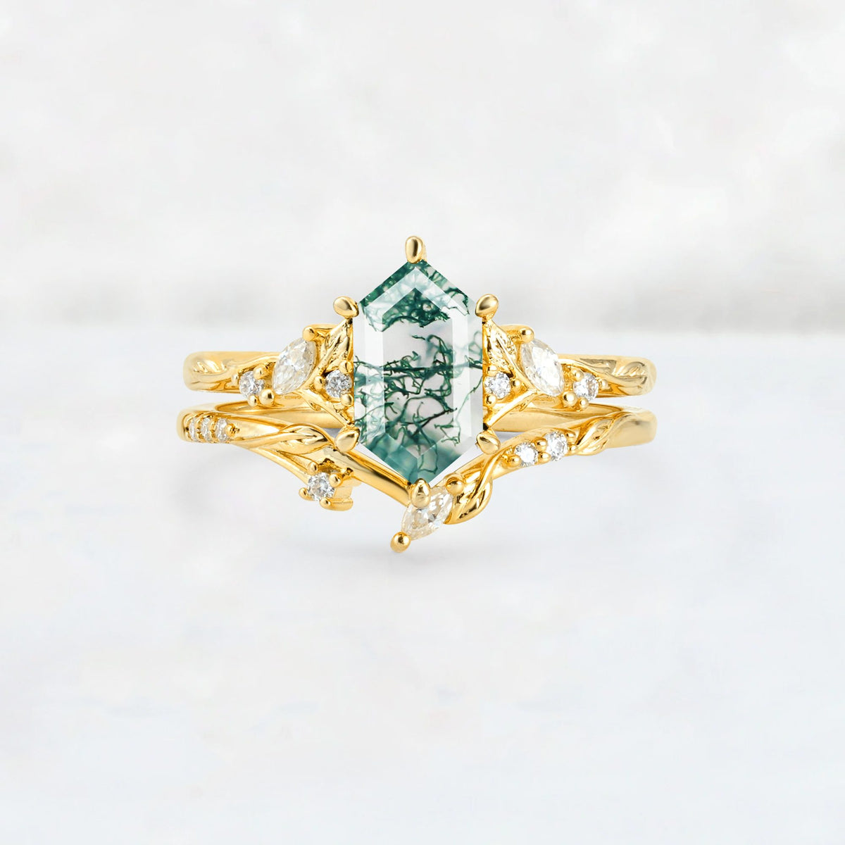 Elongated Hexagon Moss Agate Leaf Vine Bridal Ring Set - Yellow-Gold
